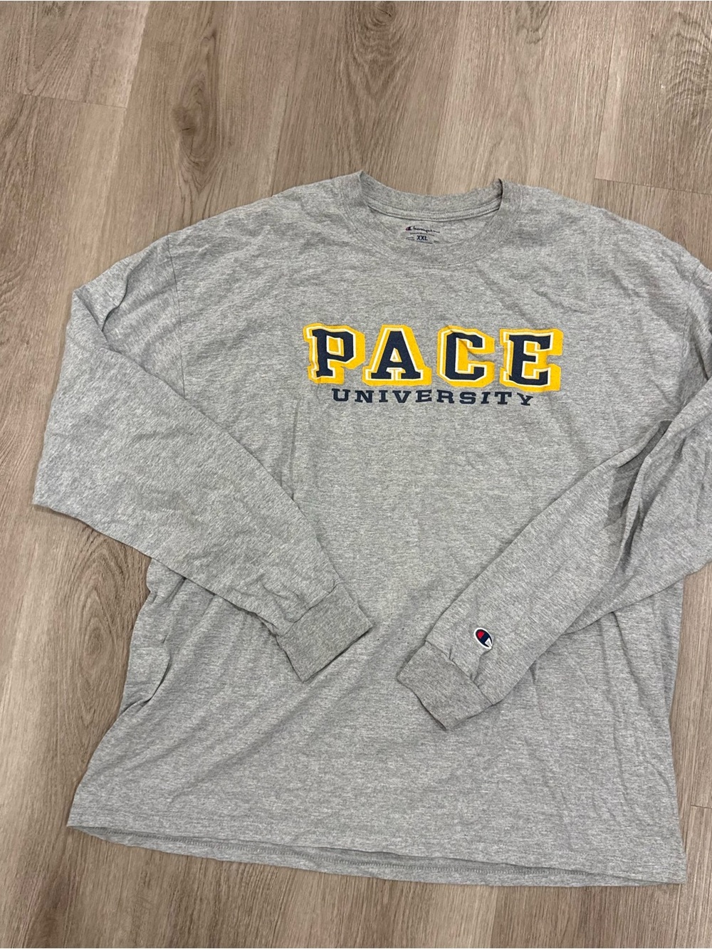 Champion Gray Long Sleeve Tee with Yellow and Navy Pace Graphic